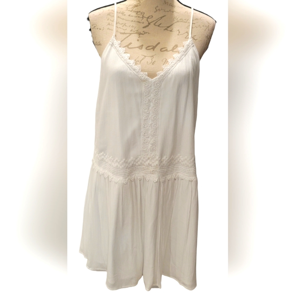 Drop Waist White Dress or Coverup Size Large, Lined Swept Ashore Beach Summer